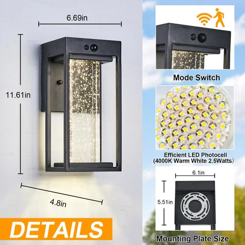 Vista 6 de Luz de Pared Solar para Exterior con Sensor de Movimiento de 3 Modos, Sconce Exterior de Cristal con Luz LED de 4000K 250LM para Puerta Frontal