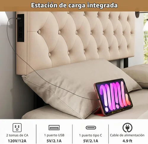 Vista 4 de GIANTEX - Cabecera con estación de carga, tamaño Queen/Matrimonial, tapizada con botones y 2 salidas de CA, puerto USB y tipo C, patas de madera