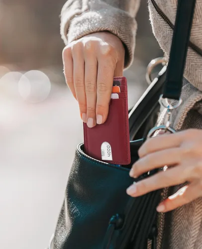 Vista 7 de Buffway Cartera delgada para hombres y mujeres, minimalista, pequeña, de cuero, con bolsillo frontal, con bloqueo RFID y caja de regalo, Pequeña