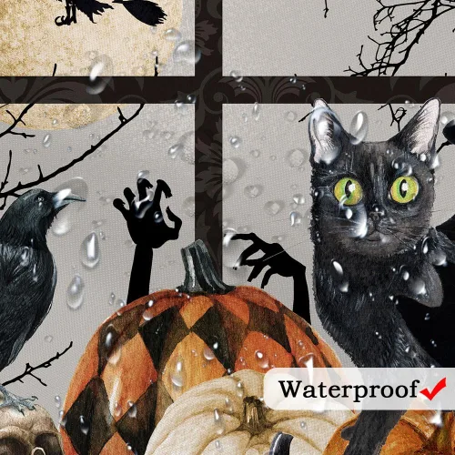 Vista 6 de Cortina de ducha de Halloween, espeluznante calabaza negra, gato negro, juego de cortina de ducha de esqueleto gótico, calavera de terror
