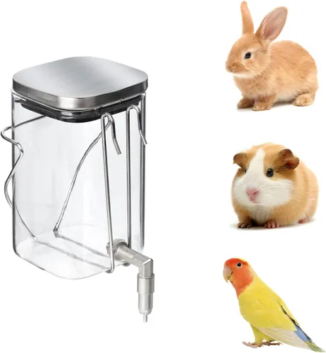 Vista 7 de Botella de agua para mascotas de acero inoxidable y vidrio de alta calidad, dispensador sin goteo para conejos, loros, roedores, 3 opciones
