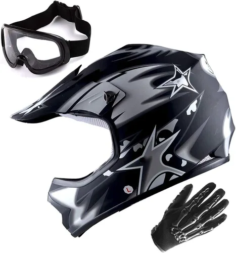 Vista 8 de WOW Casco de motocross juvenil MX BMX, casco de bicicleta negro araña + gafas + guante negro esqueleto K-Negro mate