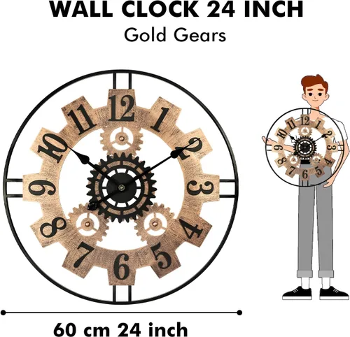 Vista 4 de Reloj de pared grande para sala de estar, número arábigo Gold Gear Negro dorado