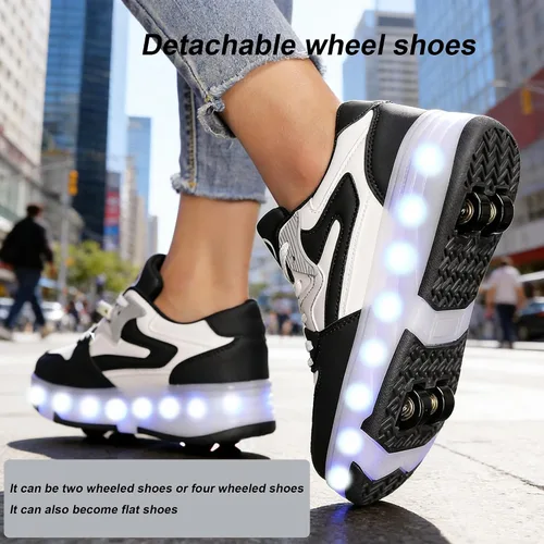 Vista 6 de Ufatansy - Zapatos con ruedas para patinar para niños y niñas, con 4 ruedas desmontables, 16 modos de luces LED de colores, zapatillas deportivas