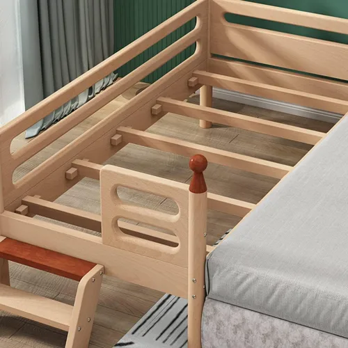 Vista 4 de Cama de madera maciza con escalera, marco de cama de plataforma de madera, colchón de empalme, cama infantil ampliada con riel de seguridad
