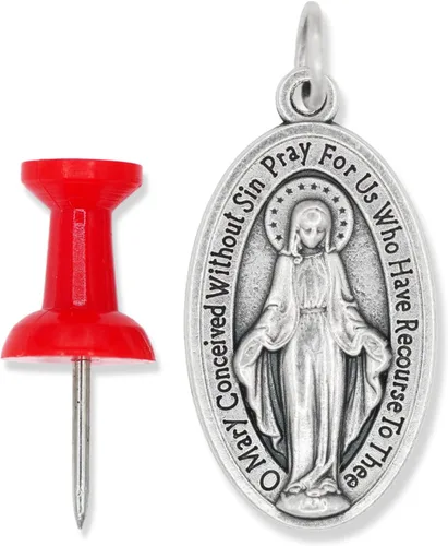 Vista 6 de Caritas et Fides Paquete de 5 medallas milagrosas ovaladas grandes en inglés (1.125 pulgadas, plata oxidada) – Hecho en Italia, colgante de María