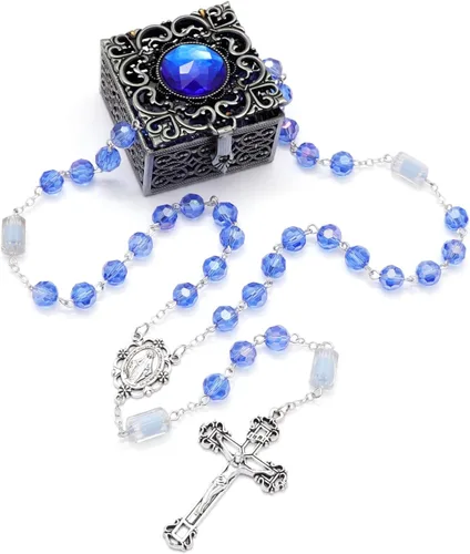 Vista 40 de KOMI Rosario de cuentas católicas para mujer, collar de cuentas de rosario con cruz de crucifijo, perlas de cristal, rosario, rosarios, católicos