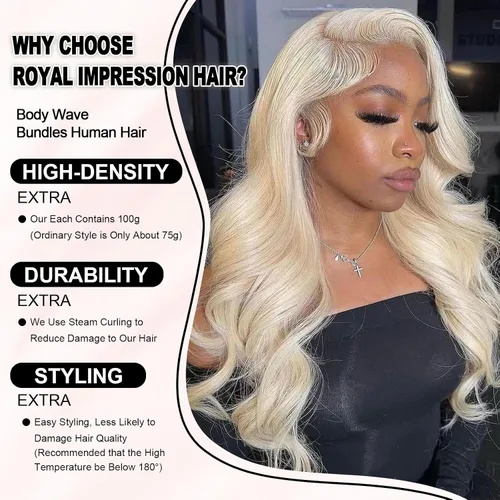 Vista 3 de Mechones de cabello humano 613, 14" 16" 18" 300g, 12A rubio ondulado, 100% cabello humano real, vida útil 3 veces más larga, 100% cabello virgen