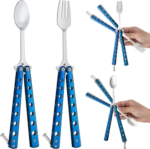Vista 11 de Flutesan Juego de 2 Piezas de Tenedor y Cuchara Mariposa, Cuchara Táctica Mariposa Plegable de Acero Inoxidable Conjunto de Utensilios Spork