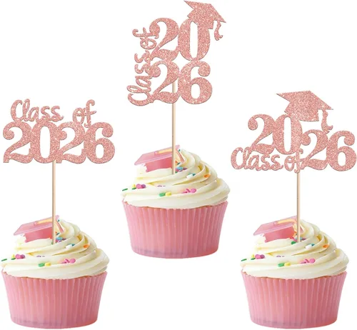 Vista 36 de 24 piezas 2026 temáticas de graduación 2026 decoraciones para cupcakes con purpurina clase de 2026 Diploma Congrats 2026 Tapa de graduación