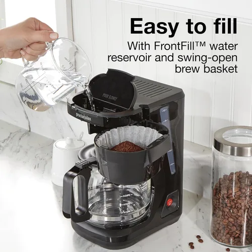 Vista 2 de Proctor Silex FrontFill - Cafetera de goteo, digital y programable, jarra de vidrio de 12 tazas, color negro y plateado (43685PS) Jarra de vidrio