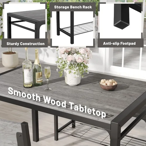 Vista 3 de JUMMICO Juego de mesa de comedor de 43.3 pulgadas para 4, mesa de cocina con banco y 2 sillas, moderno marco de metal rectangular, juego de muebles