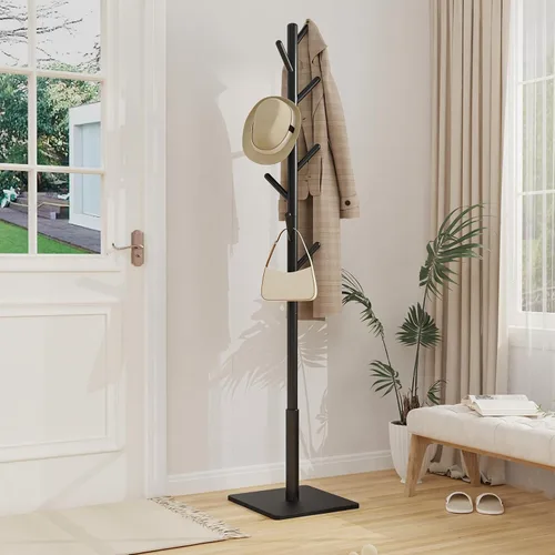 Vista 2 de Perchero de pie con base cuadrada estable para ropa, sombreros, usado en dormitorio, oficina y entrada, árbol para abrigos resistente y de fácil