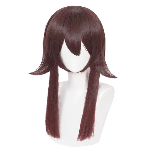 Vista 4 de Hu Tao Peluca larga marrón Hu Tao Cosplay Pelucas + orejas de elfo + redecilla, pelo sintético Hutao para mujeres y niñas con doble cola de caballo