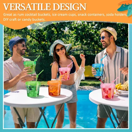 Vista 7 de Funnymoom Paquete de 36 cubos de plástico para ron para bebidas con pajita, cubeta de cóctel para helado, con tapas y asas, recipientes de alimentos