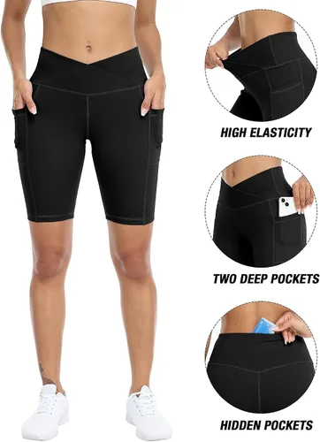 Vista 3 de WHOUARE Paquete de 4 pantalones cortos de yoga con bolsillos para mujer, cintura alta, atléticos, correr, entrenamiento, gimnasio, control de abdomen