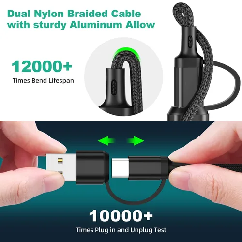 Vista 4 de Cable de carga múltiple (paquete de 3 de 4 pies), cable de carga 3 en 1, cable de carga universal trenzado de nailon 6 en 1 USB A/C a USB