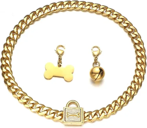 Vista 5 de Collar de cadena de perro resistente, de acero inoxidable con oro de 18 quilates, collar de ahorque, con hebilla de seguridad de diamantes
