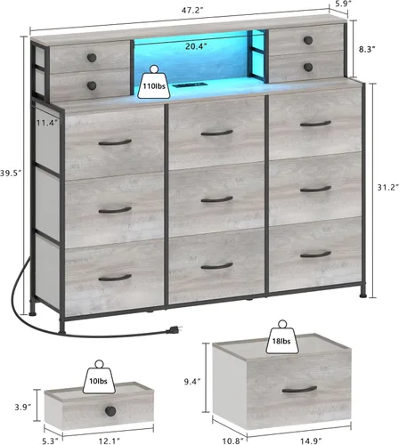 Vista 3 de Cómoda gris con tomas de corriente y luces LED, 13 cajones largos para dormitorio, cómoda de tela de piel sintética para sala de estar, pasillo
