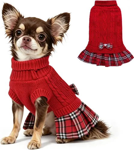 Vista 13 de YUDODO Small Dog Sweater Dress with Bowtie Turtleneck - Knitted Pet Clothes Dusty Pink