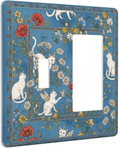 Vista 2 de Decorative Outlet Covers Blue Background White Cat Daisy Floral 2-Gang 1-Gang Wall Plate Single Toggle/Rocker Farmhouse Style Light Switch Covers