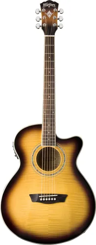 Vista 2 de Washburn Festival EA15 Mini Jumbo Cutaway, guitarra eléctrica acústica, ráfaga de tabaco Parte superior de arce figurada; Mini corte gigante
