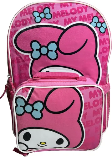 Vista 4 de Fast Forward My Melody Mochila escolar rosa de 16 pulgadas con bolsa de almuerzo