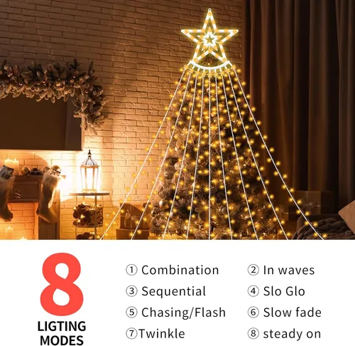 Vista 2 de VTZNOJ 350 LED Guirnalda de luces de estrella para decoración de Navidad, impermeables, luces de cascada estrelladas con 8 modos de luz, control