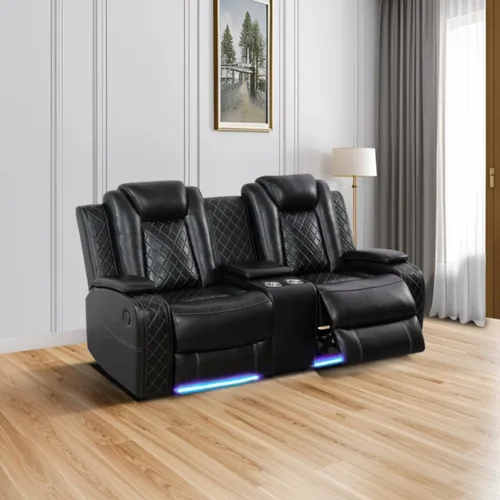 Vista 15 de Silla reclinable eléctrica, sofá biplaza, sofá para sala de estar, cómodo asiento de cuero transpirable para cine en casa con puertos de carga USB