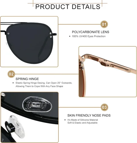 Vista 3 de ANDWOOD Gafas de sol de aviador de gran tamaño para mujeres y hombres, marco de metal sin montura grande con bisagras de resorte