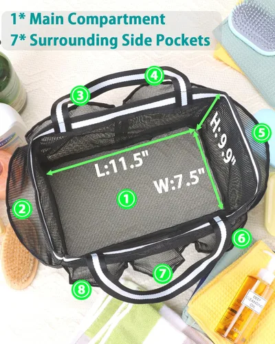 Vista 5 de XL – Organizador de ducha de malla, bolsa de ducha portátil para dormitorio universitario, camping, viaje, gimnasio (negro)