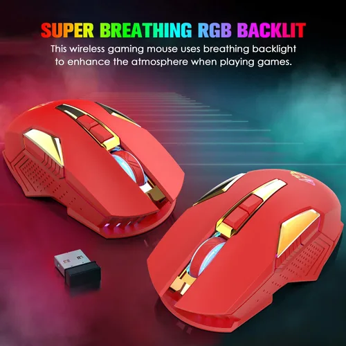 Vista 6 de FELICON Mouse inalámbrico para juegos recargable con retroiluminación RGB arcoíris, sensor óptico de 3 niveles DPI, mouse ergonómico
