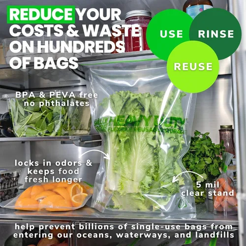 Vista 7 de 50 x HEAVY DUTY 5mils Thick Dishwasher-Safe STAND-UP Reusable Bags, US-MADE, Extra Durable Washable Reclosable Food Storage Extra Large Bags, XXL