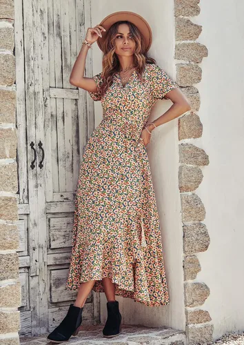 Vista 8 de PRETTYGARDEN - Vestido largo de verano cruzado para mujer, con cuello en V, estilo bohemio, floral, manga corta, dobladillo con volantes