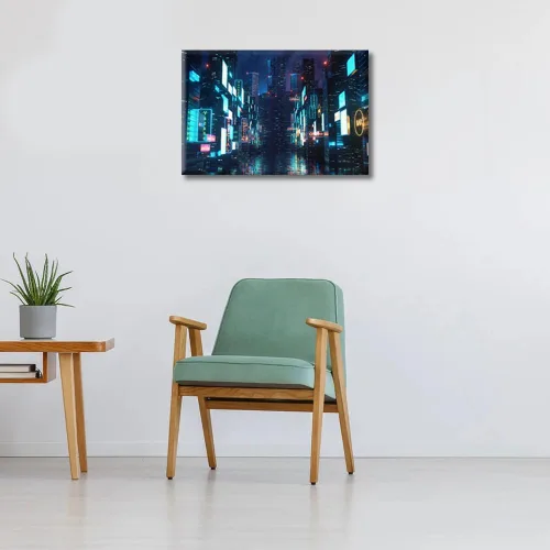 Vista 4 de 1 panel de cuadros de la ciudad de Cyberpunk, arte de pared, representación de vallas publicitarias, edificios modernos en la capital con obras