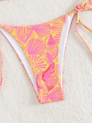 Vista 4 de WDIRARA Traje de baño de dos piezas con estampado halter y lazo lateral para mujer