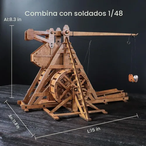 Vista 6 de Mini contrapeso Trebuchet con ruedas Europa Medieval Siege Carro Catapulta Armas DIY 3D Rompecabezas de madera Kits de modelos mecánicos Proyectos