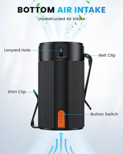 Vista 4 de Ventilador portátil, mini ventilador de cintura recargable personal, funciona con batería de 3000 mAh, tiempo máximo de trabajo de 24 horas