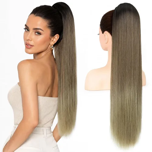 Vista 6 de Extension de cola de caballo con cordón de 26 pulgadas para mujer, extensiones de cola de caballo largas y onduladas, extensiones de cabello Rubio