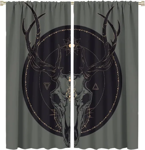 Vista 37 de BAEKJIN Cortinas de cabeza de cabra, diseño de calavera malvada, bruja, símbolo misterioso, bolsillo para barra, cortinas opacas para ventana, juego