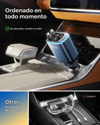 Vista 2 de Cargador de coche, iPhone USB C Cable retráctil rápido USB C Cargador de teléfono-Azul
