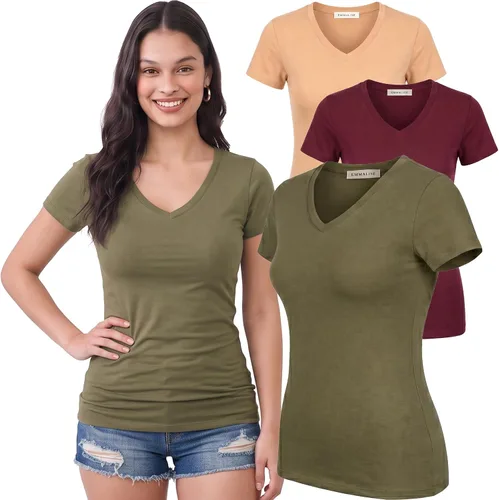 Vista 214 de Emmalise Camiseta de manga corta para mujer, cuello en V, tallas junior y plus