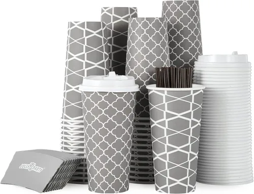Vista 10 de JOLLY PARTY [100 Sets] Tazas de papel para café de 10 onzas, tazas de café desechables con tapas, fundas y popotes, tazas para bebidas