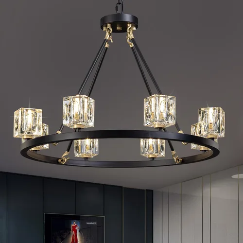 Vista 9 de Lámpara de techo moderna de cristal, lámpara de techo semiempotrada con 4 luces, candelabros Sputnik negros y dorados para dormitorio, comedor