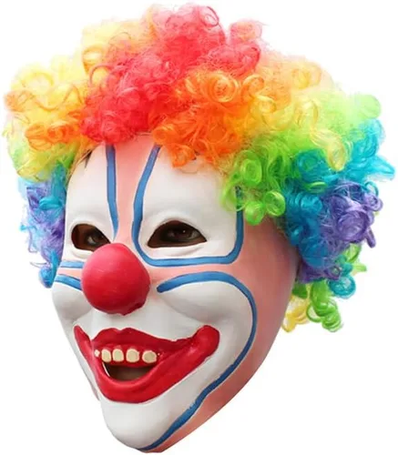 Vista 3 de Máscara de payaso de látex con pelo colorido, divertida máscara de payaso, disfraces espeluznantes para fiesta de cosplay para Halloween para adultos