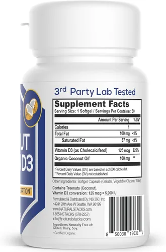 Vista 6 de NATURAL STACKS Suplemento de vitamina D de 5000 UI, con aceite de coco para una absorción óptima, píldoras de vitamina D para inmunidad