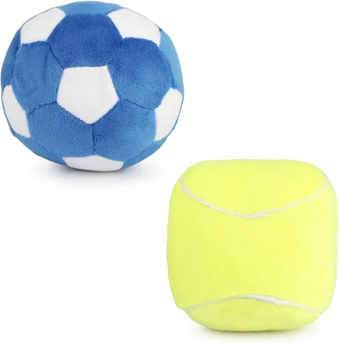 Vista 9 de Pelotas interactivas para perros, paquete de 2 pelotas de juguete chirriantes de felpa para perros, pelota de juguete para perros de fútbol y rugby