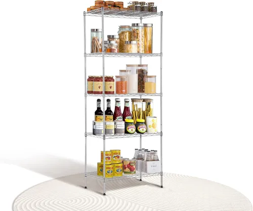 Vista 8 de Estantería de metal de 5 estantes, altura ajustable, estante de alambre comercial con patas niveladoras, capacidad de 150 libras por estante, 24 x