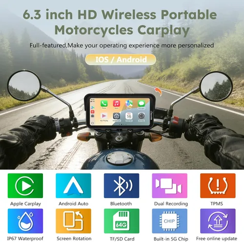 Vista 2 de Carpuride W603DT 6.3" motocicleta CarPlay pantalla Android Auto TPMS Dash