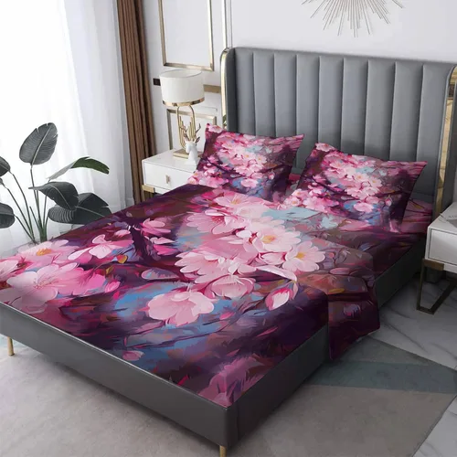 Vista 9 de Z9-&-189 - Juego de sábanas de 3 piezas con estampado de flor de cerezo en flor de cerezo, sábana bajera ajustable de microfibra suave con bolsillo